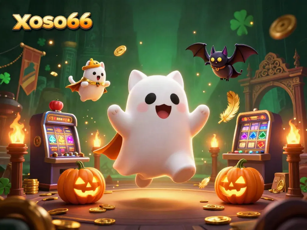 Experience the excitement of xoso66 with a ghost cat and vampire bat in a vibrant casino setting.