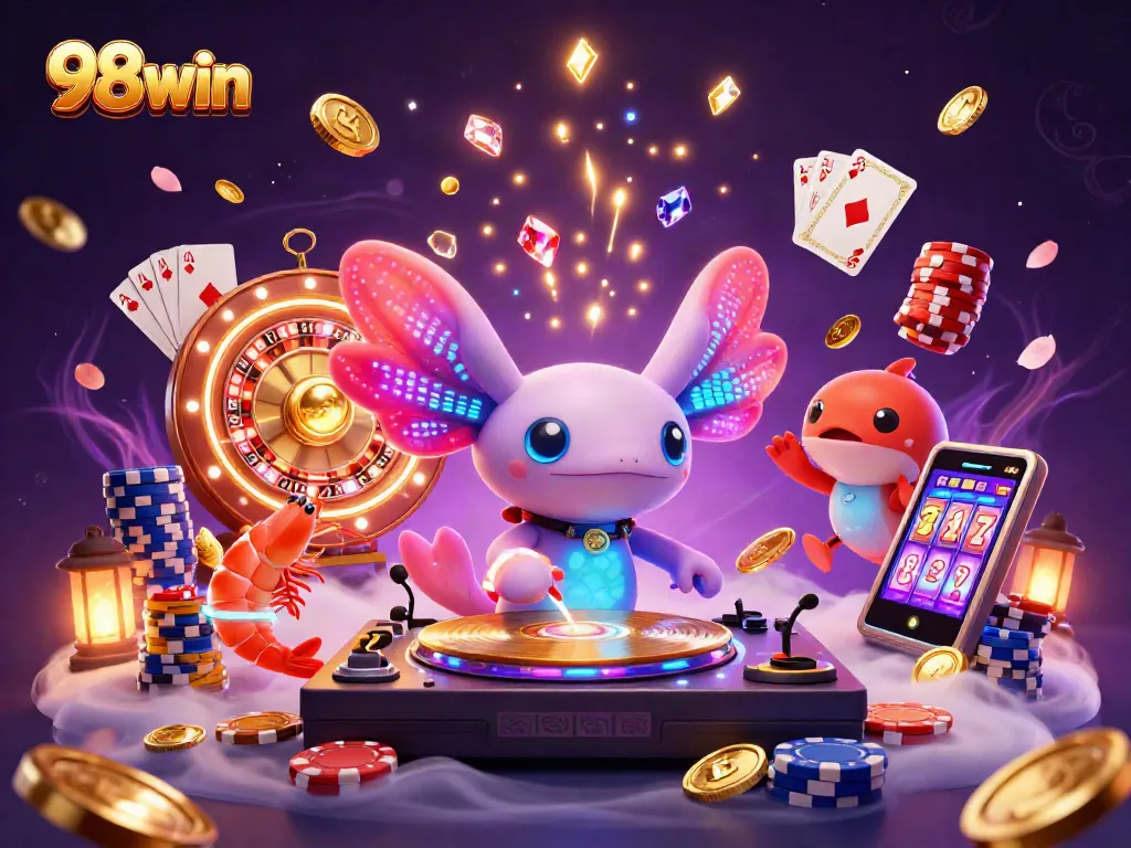 Experience the excitement of 98win with vibrant gaming characters and casino elements in a lively scene.