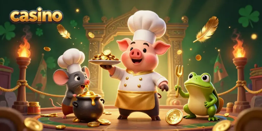 Chef pig serves casino gold coins, sous-chef mouse and critic frog taste success.