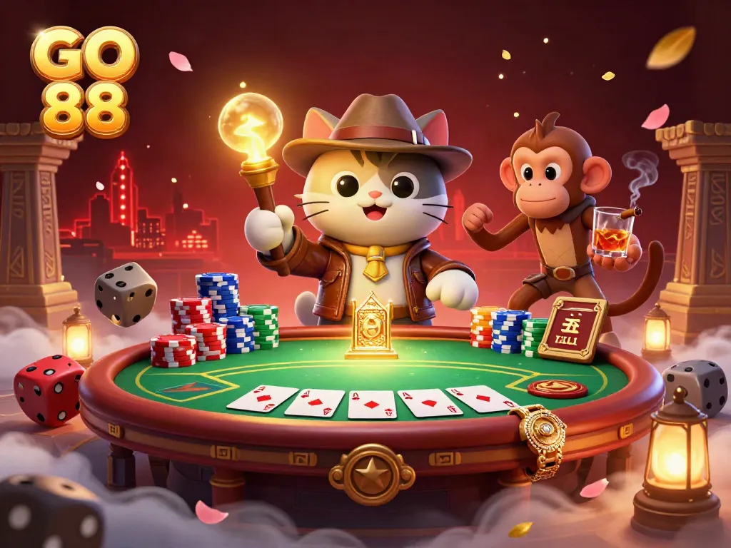 Engage with GO 88's thrilling adventure featuring an explorer cat uncovering casino artifacts amidst vibrant gambling elements.