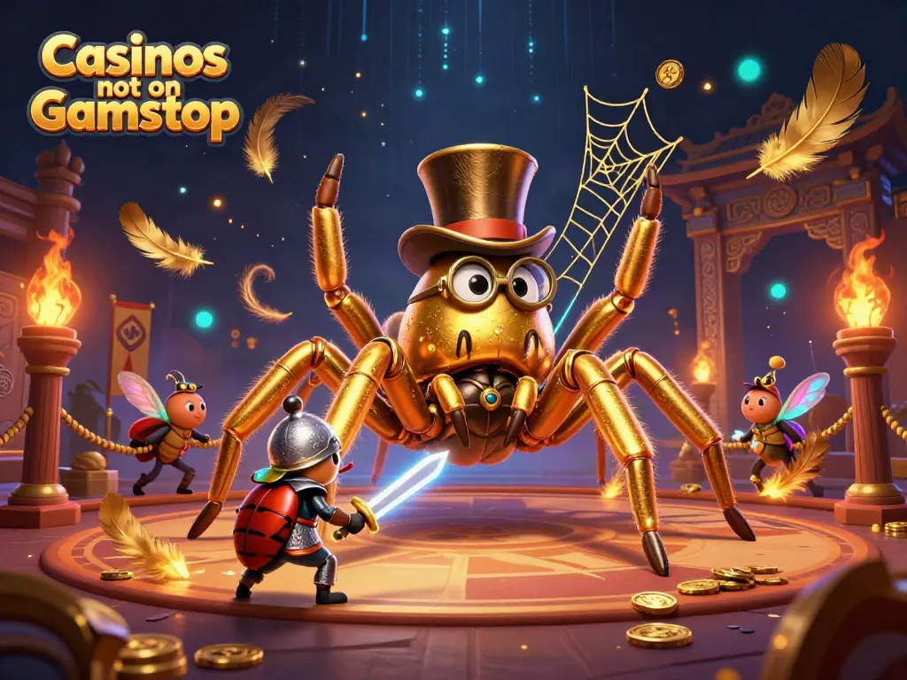 Engaging scene of a golden tarantula and beetle knight surrounded by golden symbols of Casinos not on Gamstop.