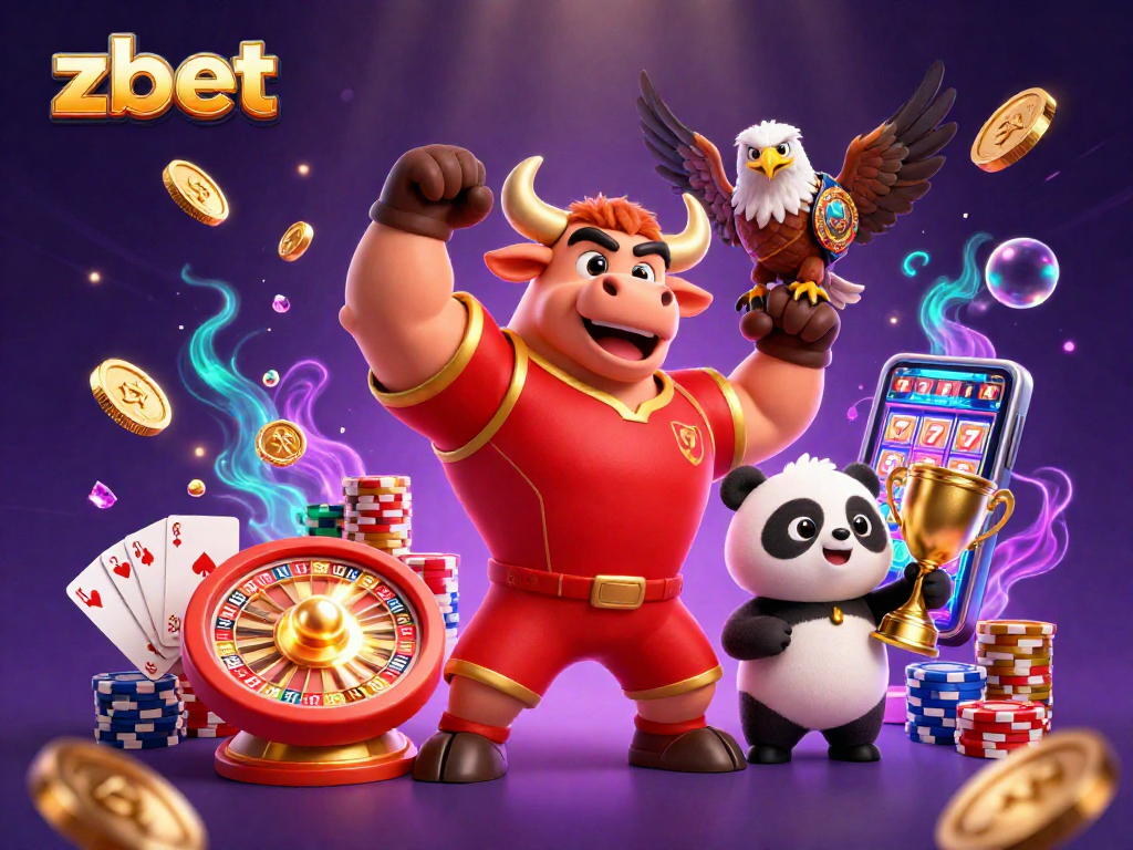 Zbet players celebrating with a bull mascot, eagle, and panda among casino elements.