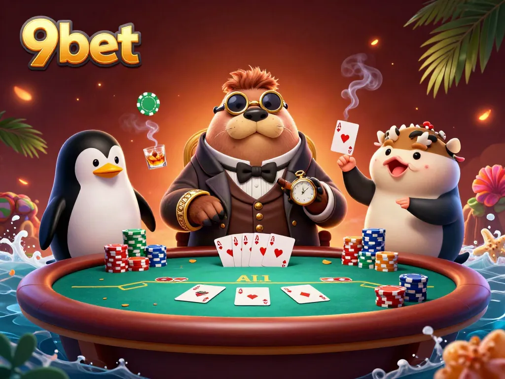 Experience strategic poker action at 9bet with a jolly walrus and friends in a lively underwater scene.