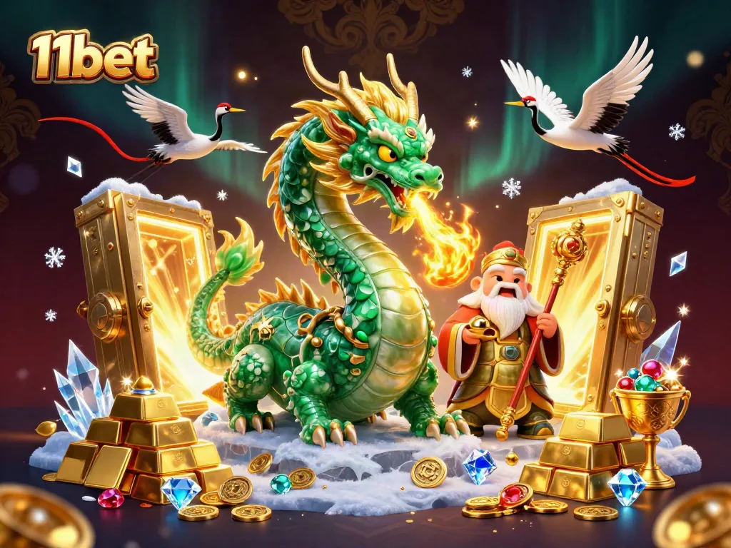 Experience the thrill of 11bet with an enchanting 3D illustration of a jade dragon and lucky cranes.