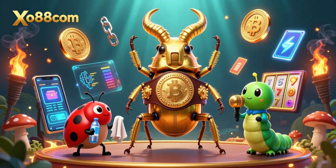 Engage with xo88com in a vibrant gaming scene featuring a boxing beetle and cryptocurrencies