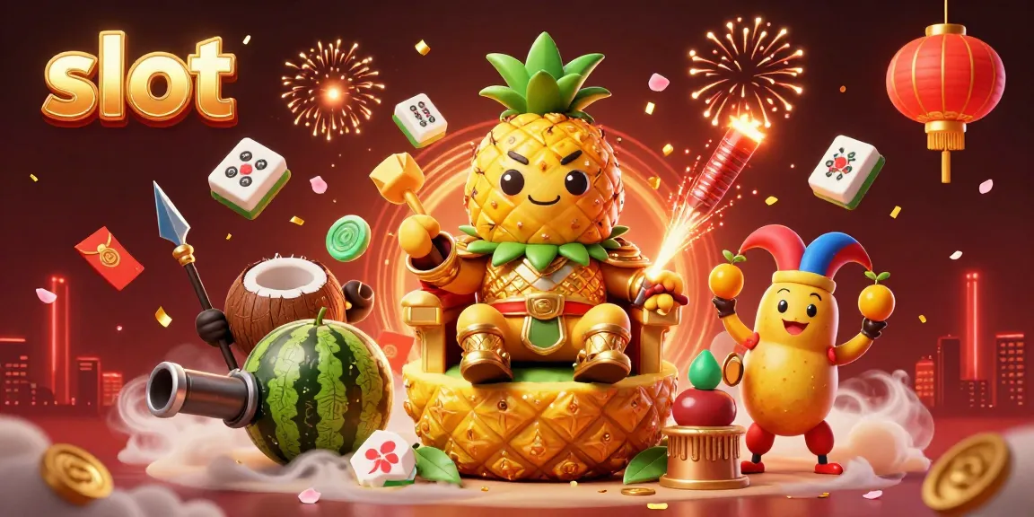 Spin the slot reels with a lively illustration of a pineapple king and vibrant casino elements.