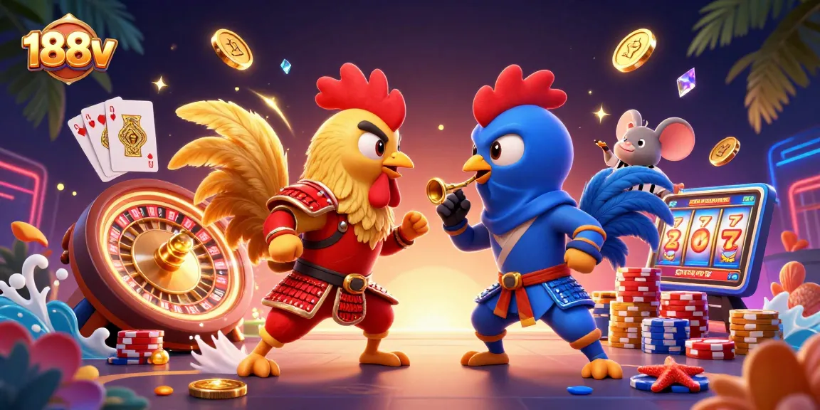 Experience thrilling gameplay at 188v with colorful roosters and vibrant casino elements in a dynamic showdown.