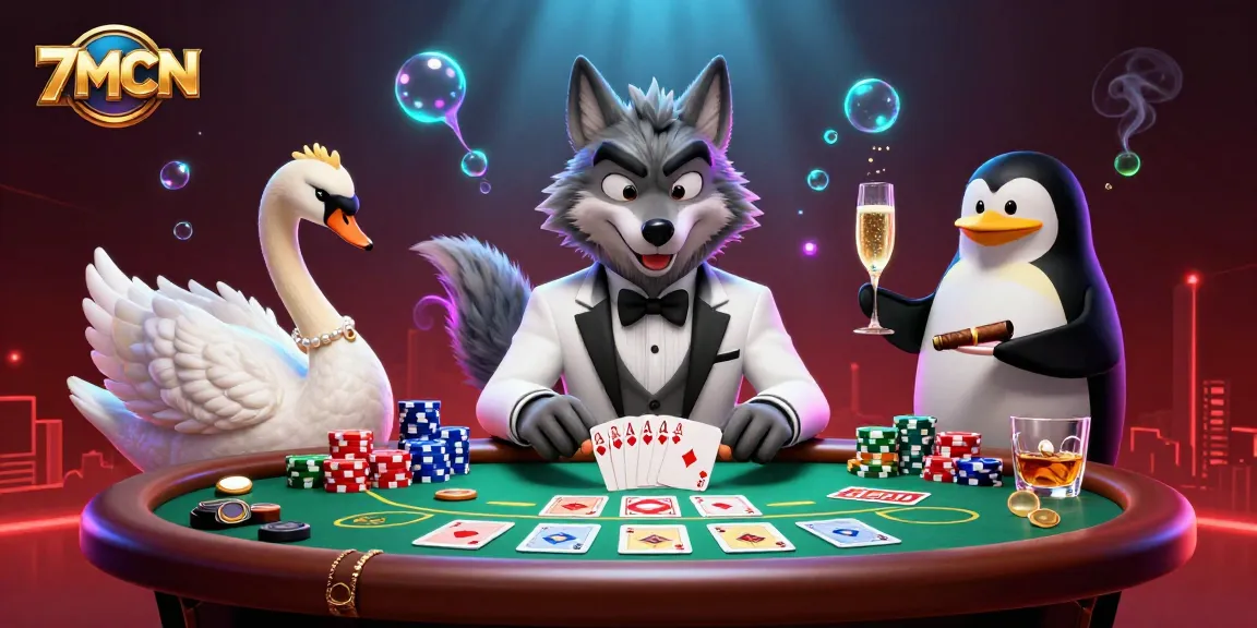 Watch the 7MCN wolf and friends engaging in exciting baccarat action at the casino.
