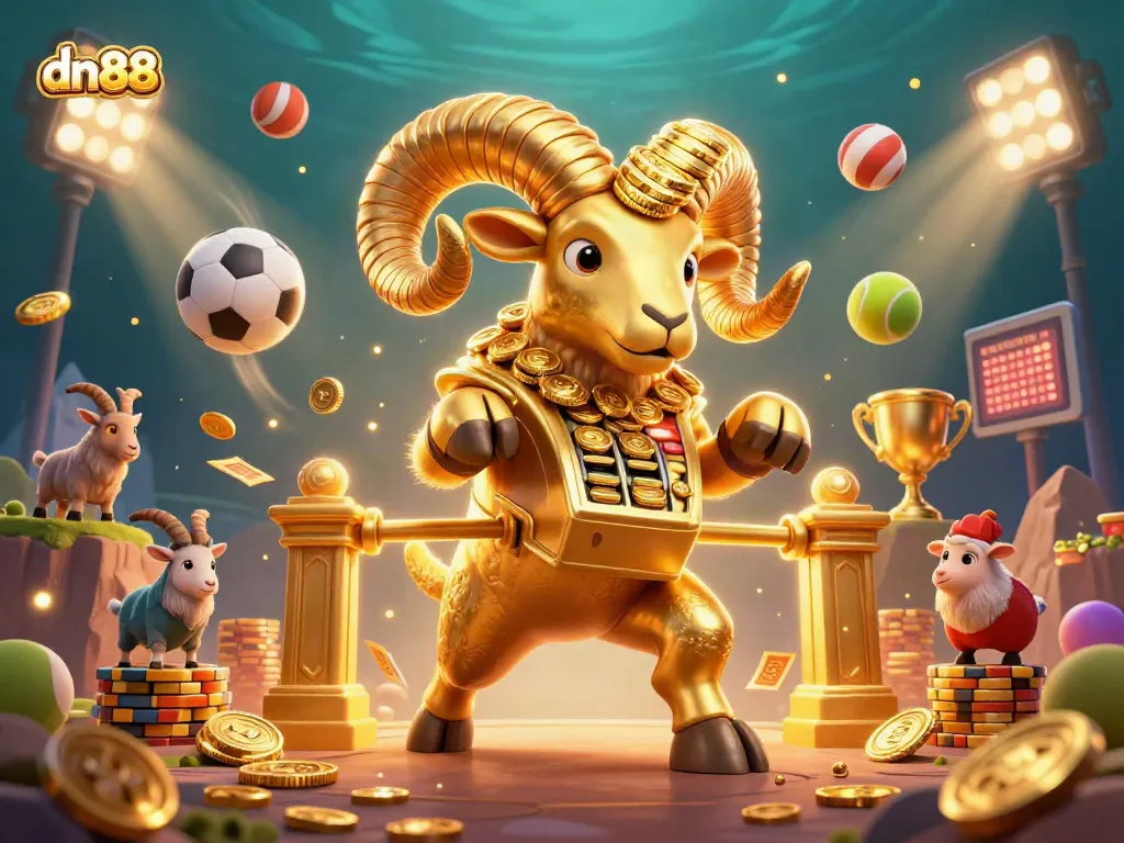 Experience excitement at dn88 with a golden ram charging through a dynamic casino scene filled with winning elements.