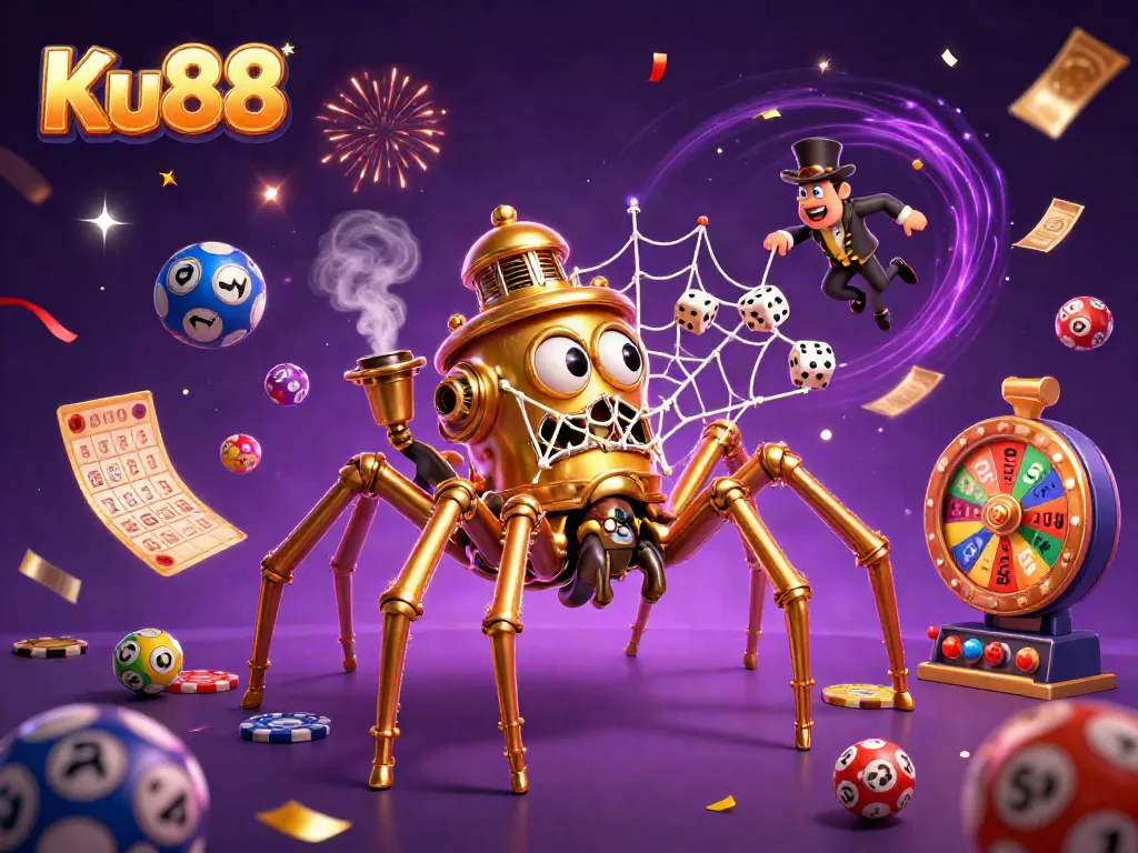 Experience thrilling moments with Ku88 as a golden spider captures dice amidst colorful lottery elements.