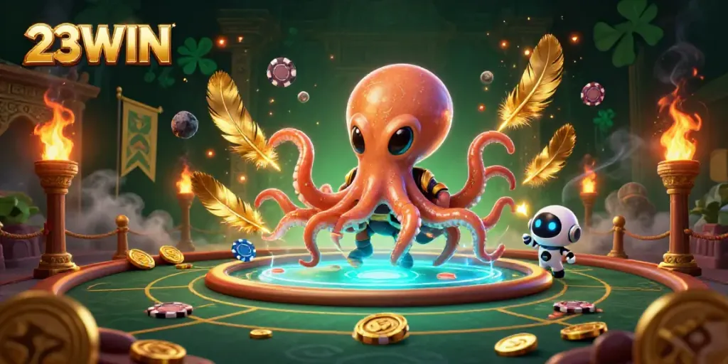 Experience thrilling gameplay with 23WIN as a cartoon octopus engages at a holographic poker table.