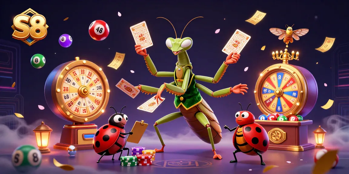 S8 entertaining players with colorful lottery elements and casino games in a vibrant, dynamic scene.