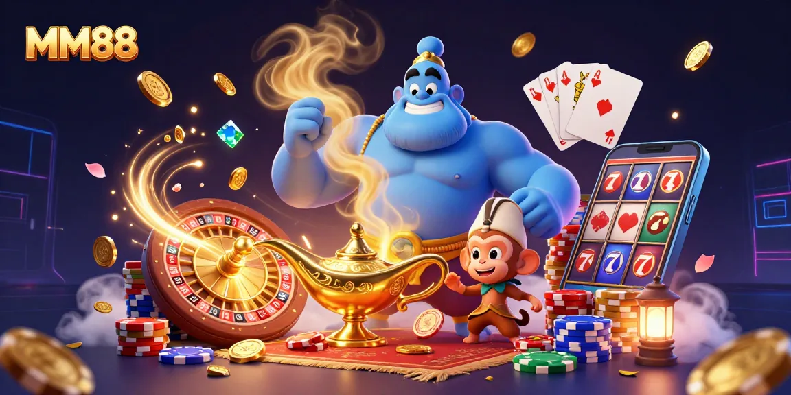 Experience exciting gaming thrill with MM88’s vibrant casino world featuring golden coins and dynamic game elements.