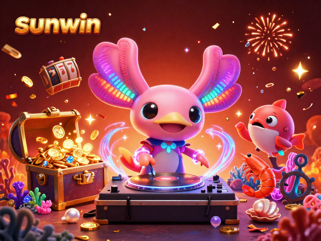 Engage with sunwin's vibrant underwater casino, featuring a neon axolotl DJ amidst floating slot reels and treasure.
