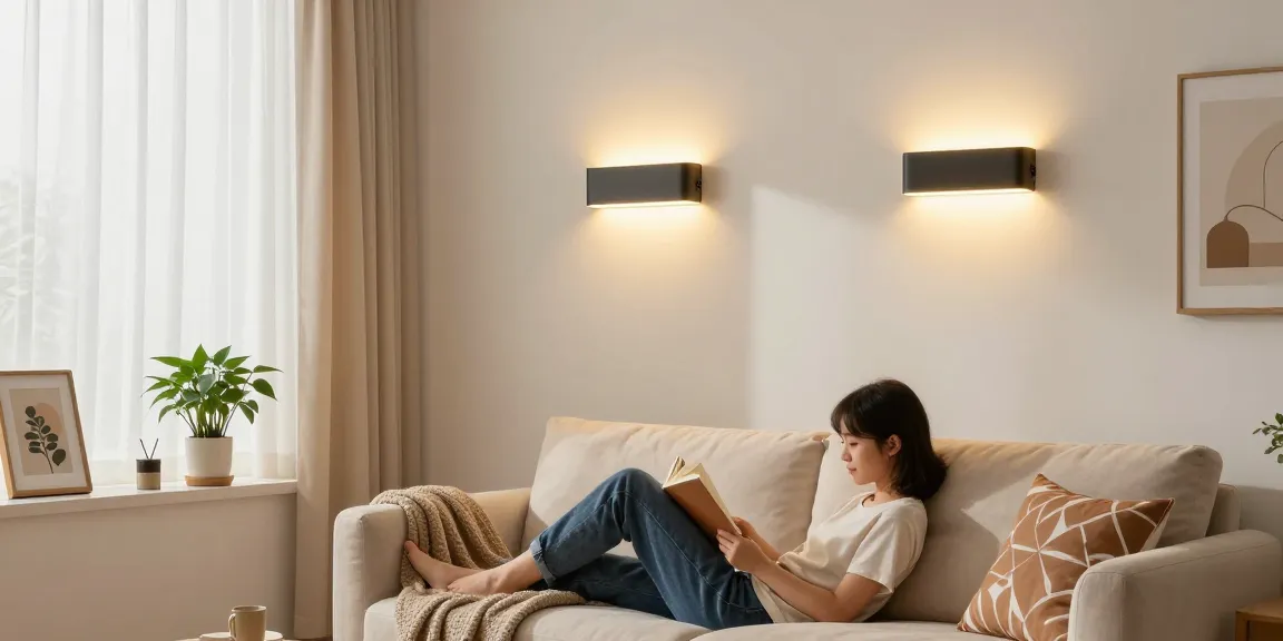Aplica LED moderne iluminând un living cozy cu decor contemporan.