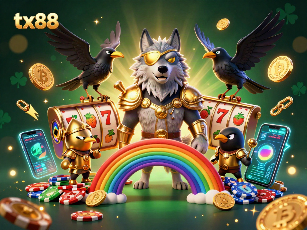 Spin the reels with tx88 in this vibrant casino-themed 3D digital illustration.