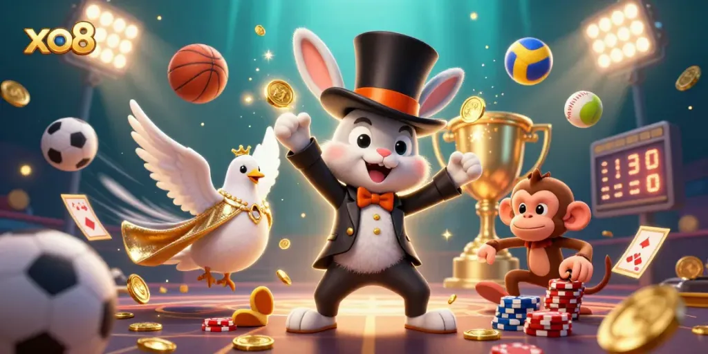 Experience the thrill of xo88 as a magician rabbit conjures gold coins amidst dynamic sports elements and excitement.
