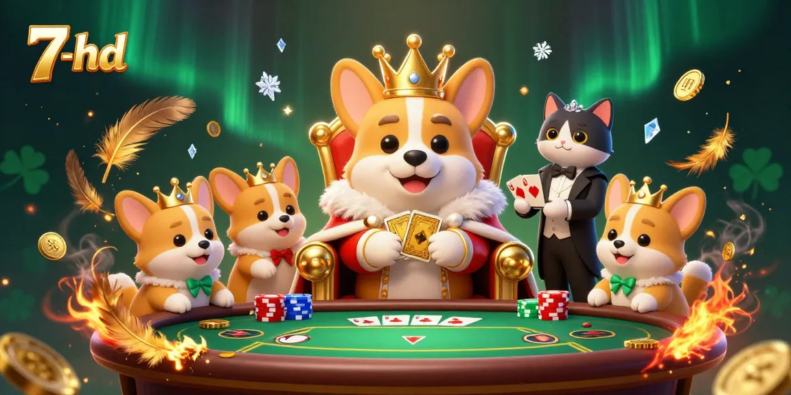 Engage with thrilling poker scenes showcasing 7-hd's unique gaming experience with royal corgi characters and golden tokens.
