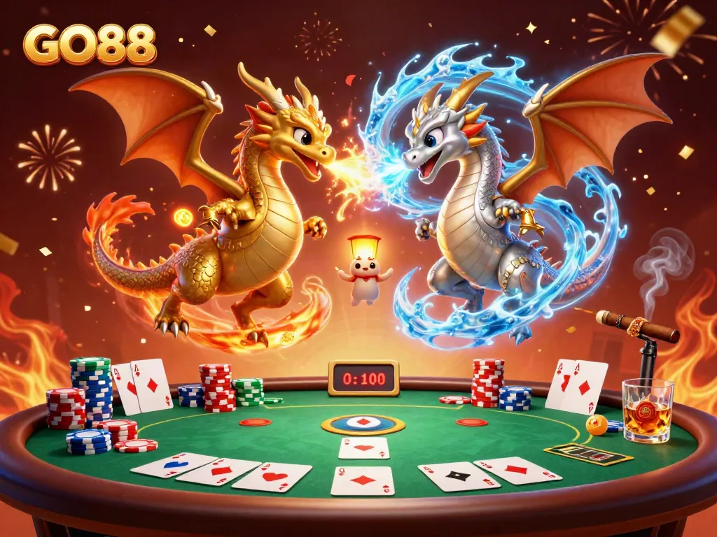 Engage with GO88 as twin dragons battle in a vibrant casino atmosphere, showcasing poker excitement.