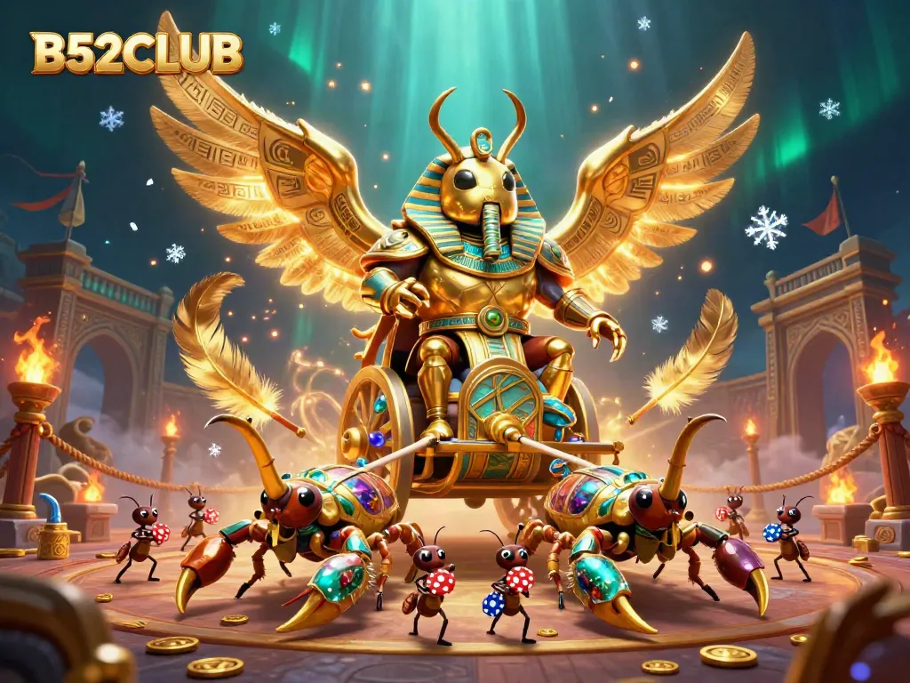 B52CLUB showcases a vibrant 3D illustration of a colossal scarab beetle gambling in a pharaoh-themed casino.