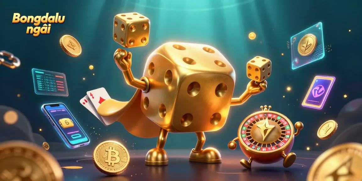 Engage with Bongdalu mới, showcasing a vibrant casino-themed scene featuring golden dice golem and cryptocurrency elements.