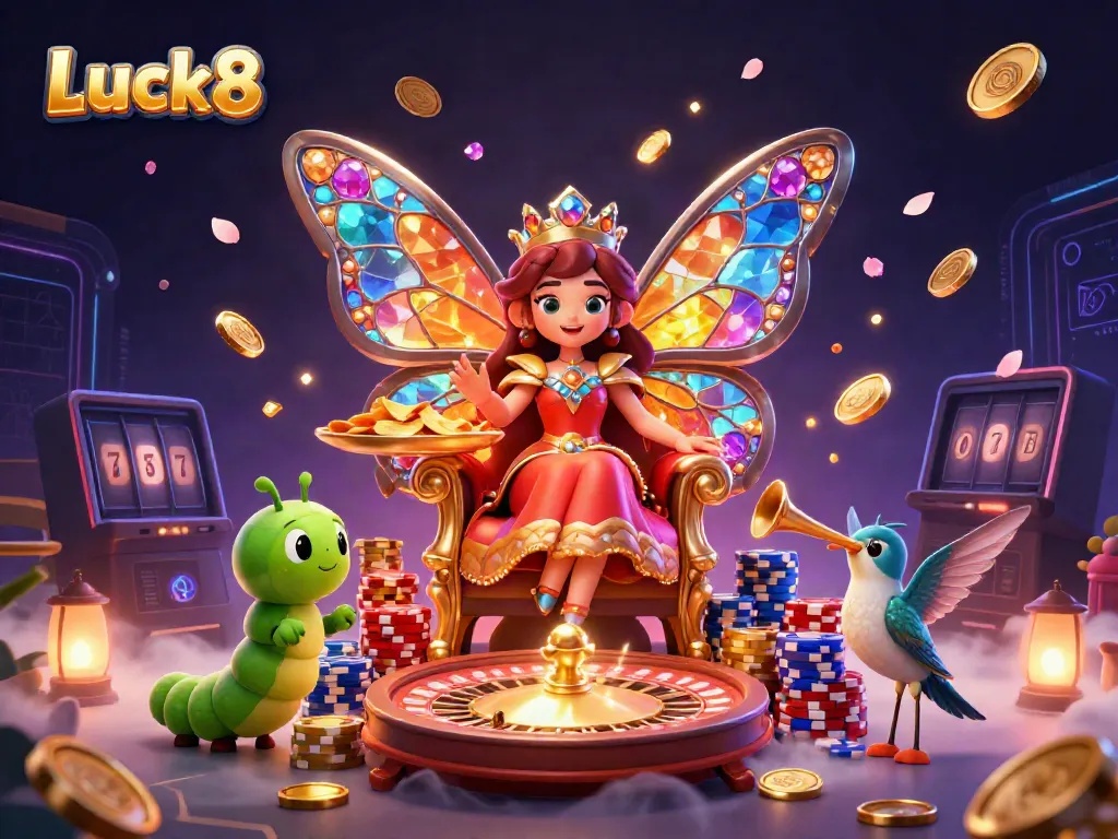 Engage in thrilling games at Luck8, featuring a vibrant 3D casino scene with cards, coins, and characters.