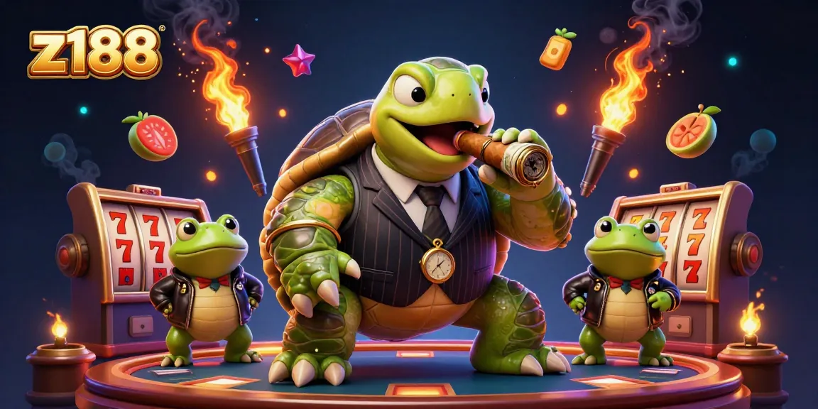 Z188 players enjoying a vibrant casino atmosphere with a snapping turtle and bullfrog enforcers surrounded by slot game elements.