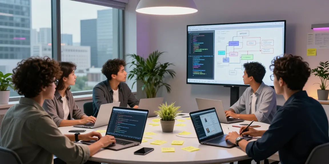 Innovative AI development team brainstorming creative solutions with juicy ai technologies in a modern workspace.