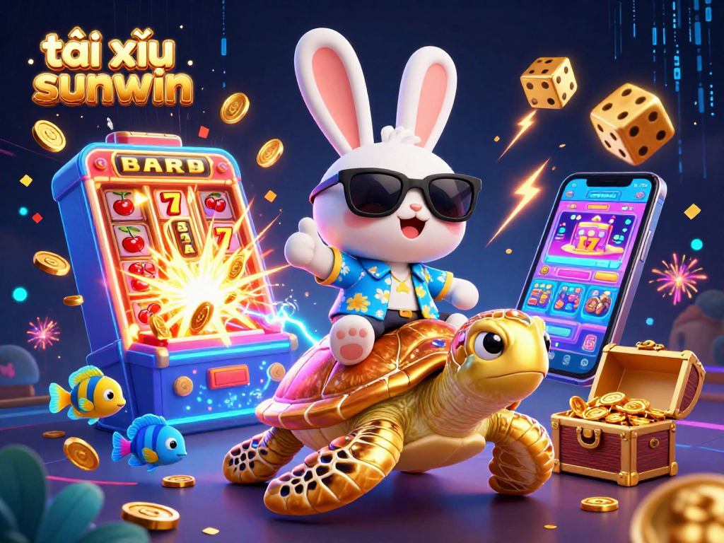 Experience the thrill of tài xỉu sunwin with the lucky rabbit and golden turtle in a vibrant casino scene.
