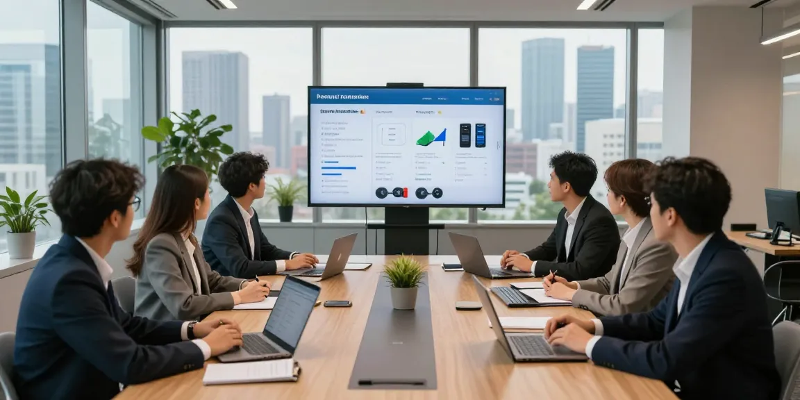 Business professionals collaborating on business phone providers in a modern office setting.