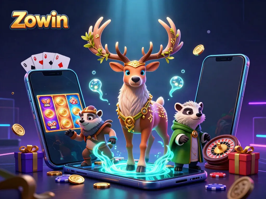 Engage with Zowin's immersive gameplay featuring a Celtic druid stag and dynamic casino elements