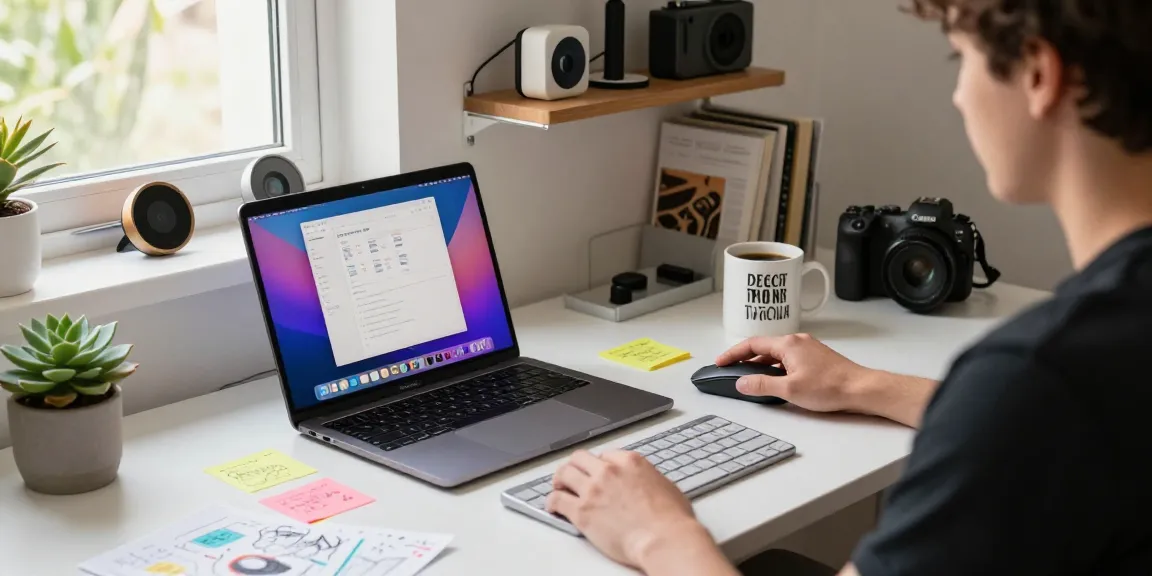 M5 MacBook in a vibrant tech workspace, showcasing design interface with creative elements.