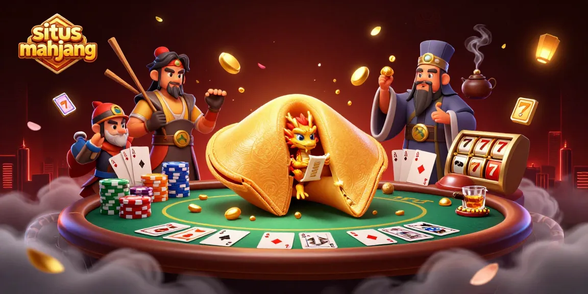 Play situs mahjong with a stunning scene of fortune cookies, poker excitement, and vibrant casino elements.