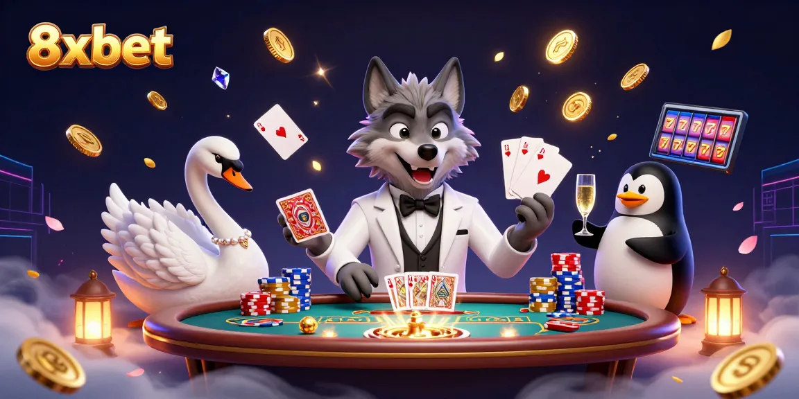 Experience excitement at 8xbet with a dynamic casino scene featuring characters at a baccarat table.