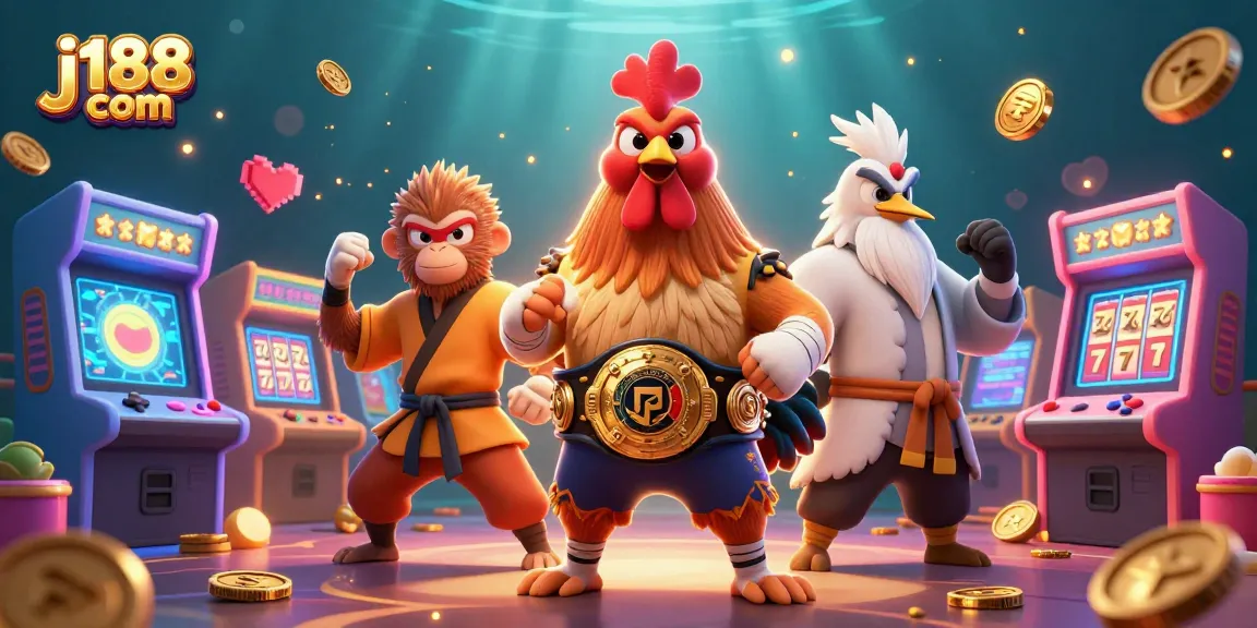 Experience thrilling action with j188 com as the Muay Thai rooster, Shaolin monkey, and wise crane master play amidst vibrant casino elements.