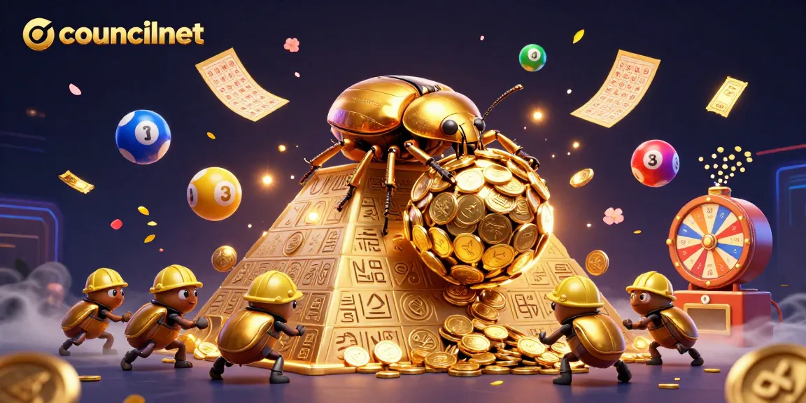 Experience the excitement of councilnet with vibrant lottery balls and a golden beetle rolling coins.