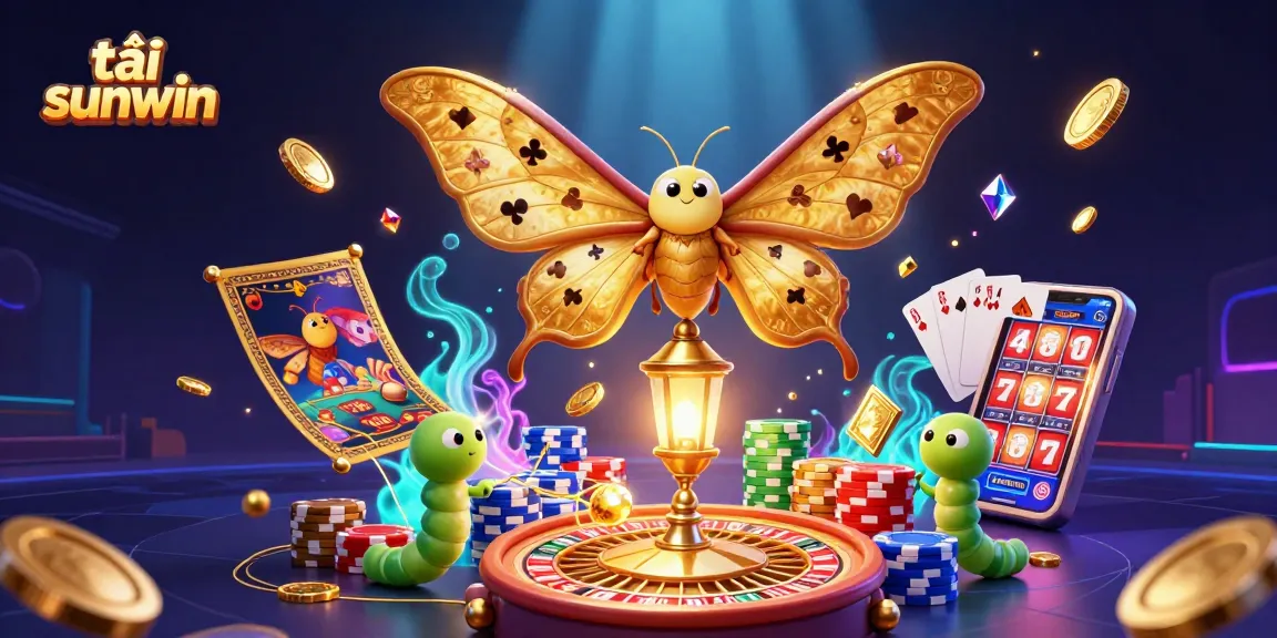 Experience the thrill of tải sunwin with a vibrant scene of casino elements and 3D moths. Spin and win now!