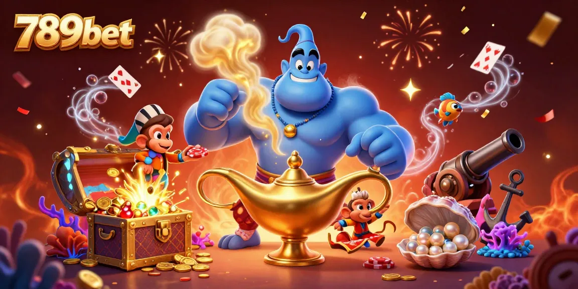 Engage with 789bet's dynamic casino adventure featuring a blue genie and magical elements.