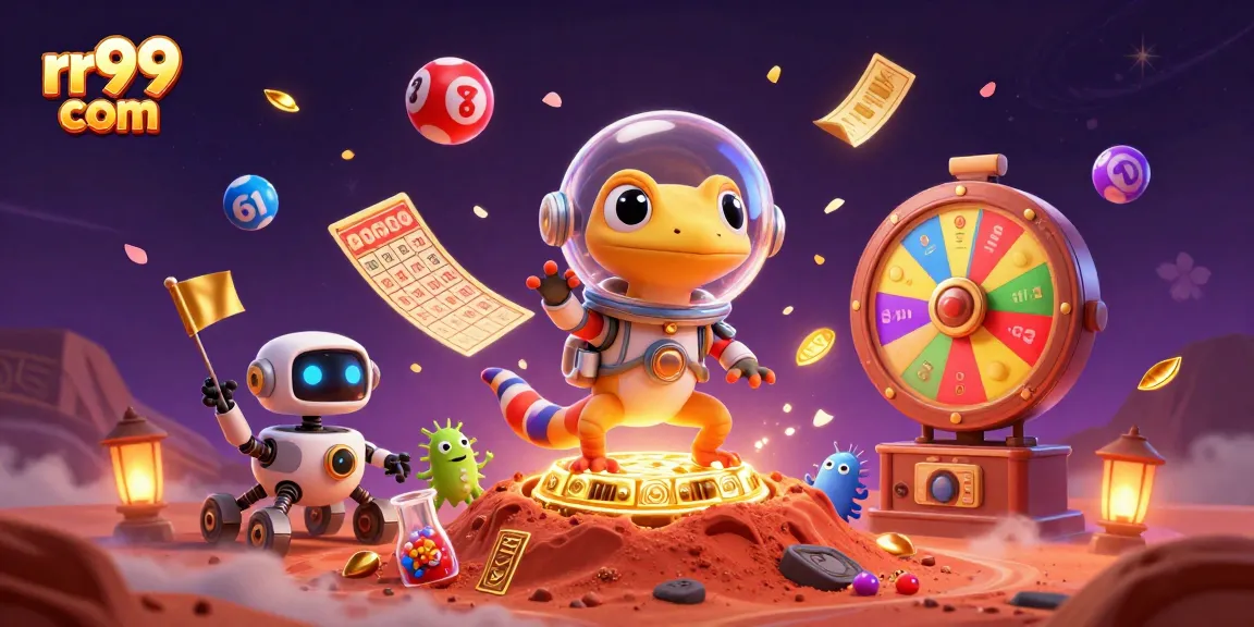 Experience the adventure of rr99 com with a Martian gecko uncovering a golden casino and winning prizes!