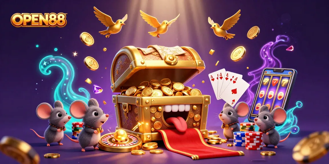 Experience the excitement of OPEN88 with vibrant casino elements and treasure-filled adventures.