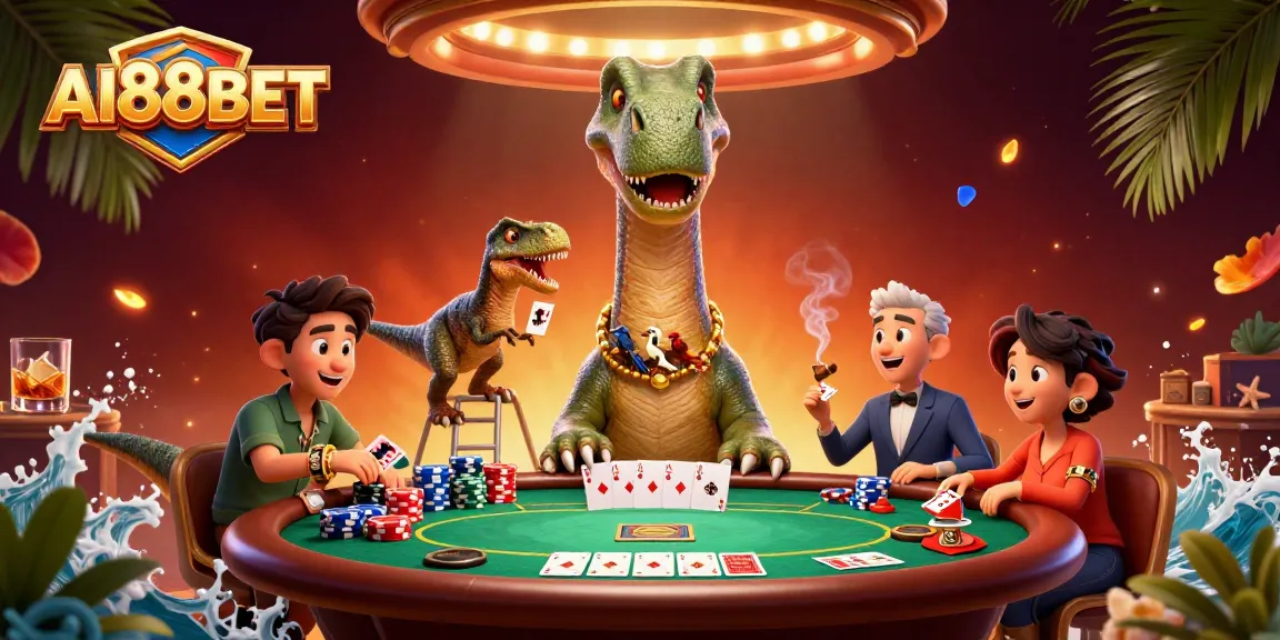 AI88BET showcases a vibrant 3D casino scene with a giant brontosaurus observing a poker table.