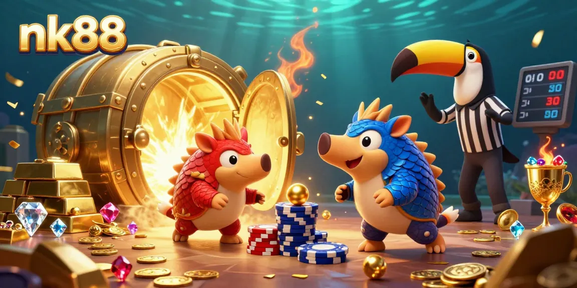 Experience the thrill of nk88 with rival pangolins competing amid golden gems and poker chips.