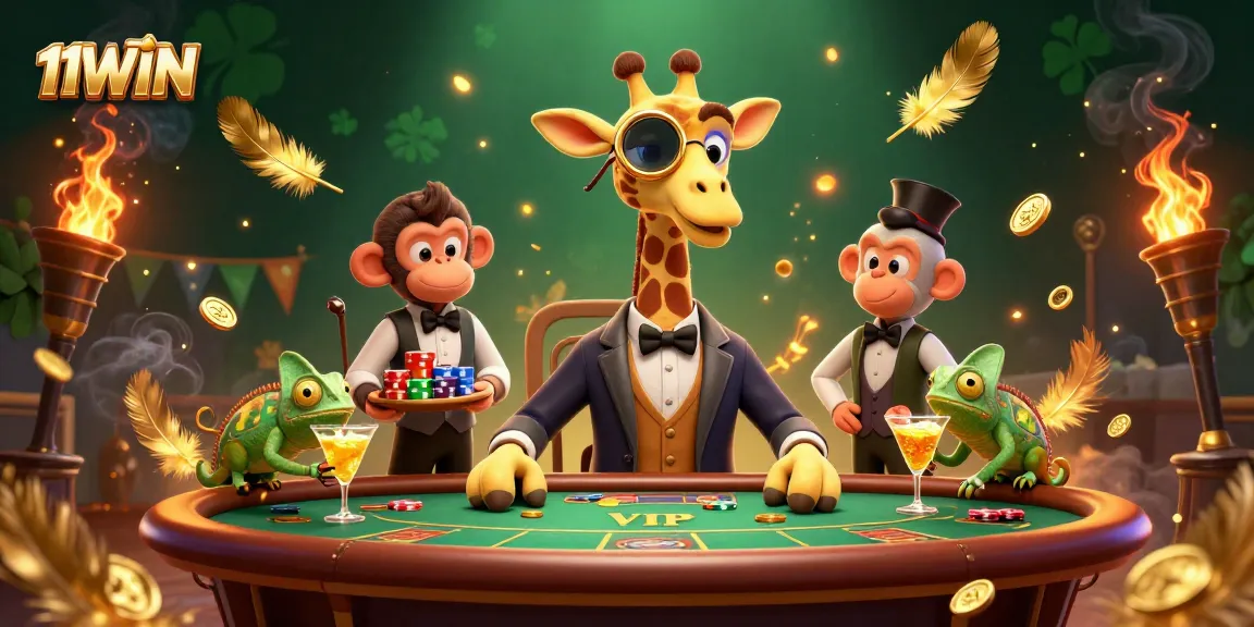 Win big with 11WIN at the vibrant casino scene featuring a high-roller giraffe and energetic characters.