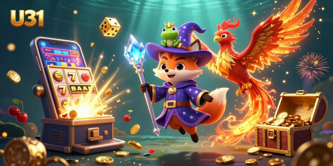 Experience U31's thrilling casino game adventures with a wizard fox and phoenix in a vibrant slot scene.