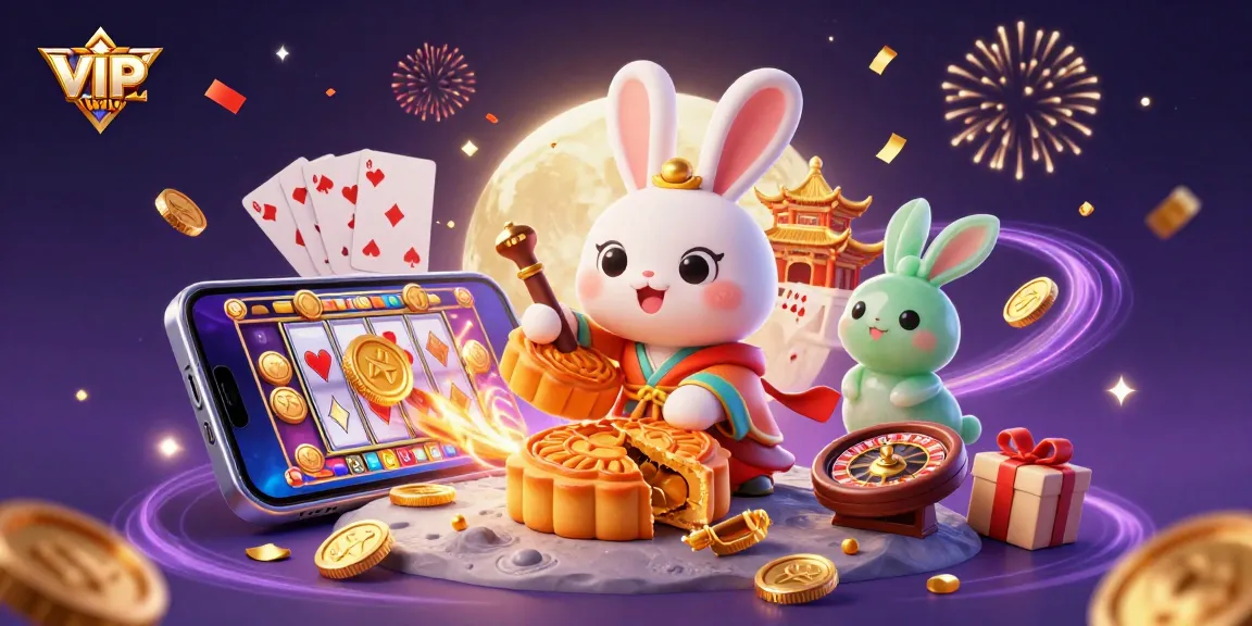 VIPWIN showcases an exciting casino scene with the moon rabbit surrounded by gaming elements and enchanting visuals.
