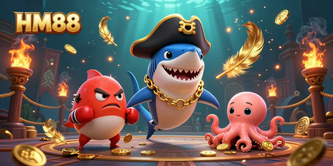 Bet big with HM88 in an action-packed casino scene featuring a pirate shark, pufferfish fighter, and octopus.