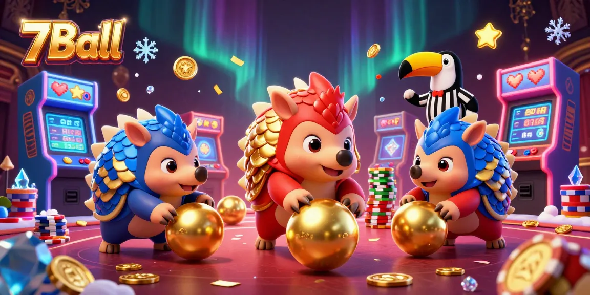 Experience thrilling gambling action with 7Ball's vibrant 3D cartoon pangolin rivalry scene.