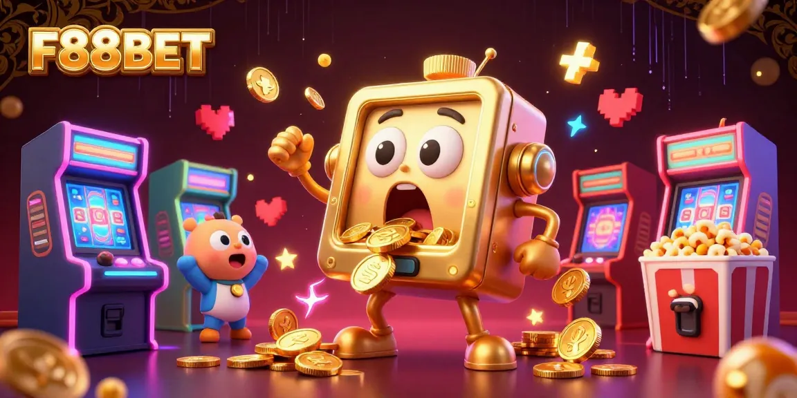 Experience a thrilling jackpot moment with F88BET as a surprised golden slot machine bursts with coins amidst cheering baby slots and a popcorn machine!