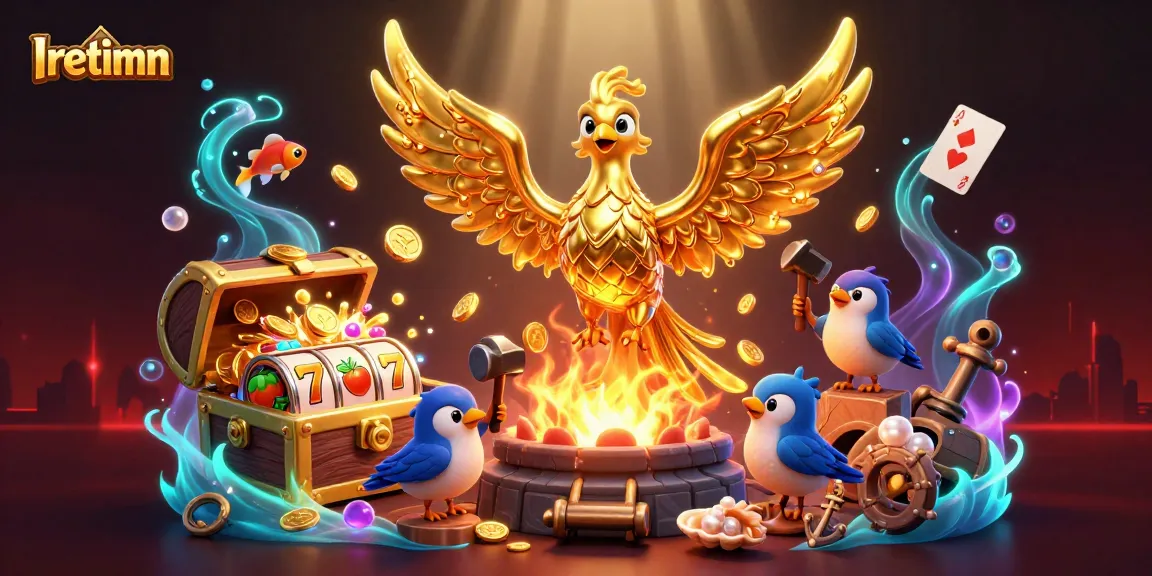 Iretimn showcases a 3D phoenix and sparrows in a dynamic casino scene, with slot reels and treasures.