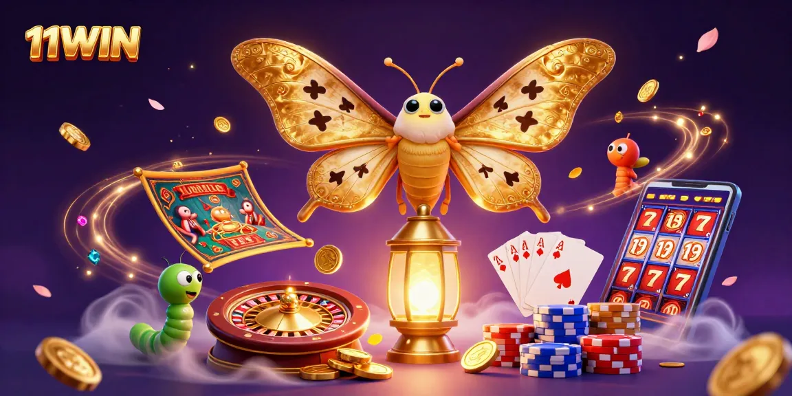 Experience the vibrant world of 11WIN with stunning visuals of a casino-inspired scene featuring golden treasures and a majestic moth.
